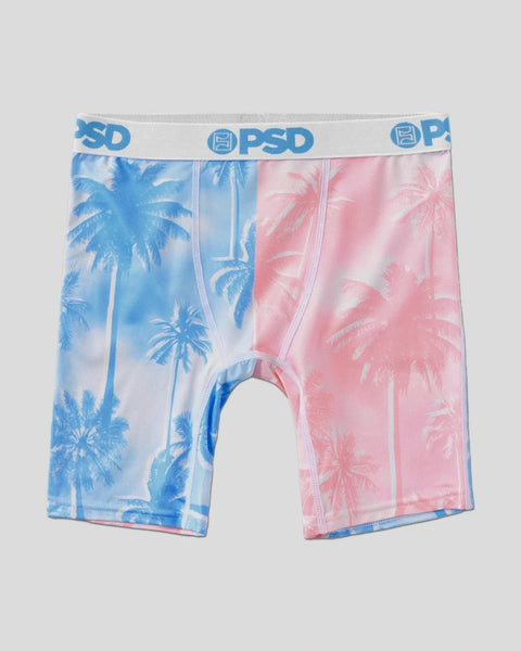 PSD Candy Palms boxer briefs with blue palm tree print on left side and pink palm tree print on right side.