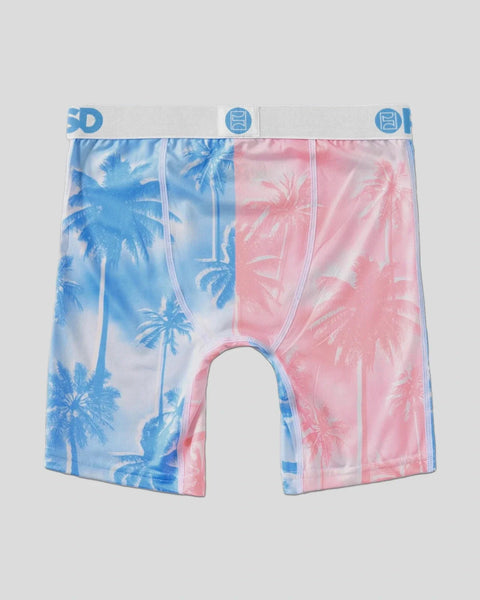 Boxer briefs with blue and pink color-blocked palm tree print and white waistband.