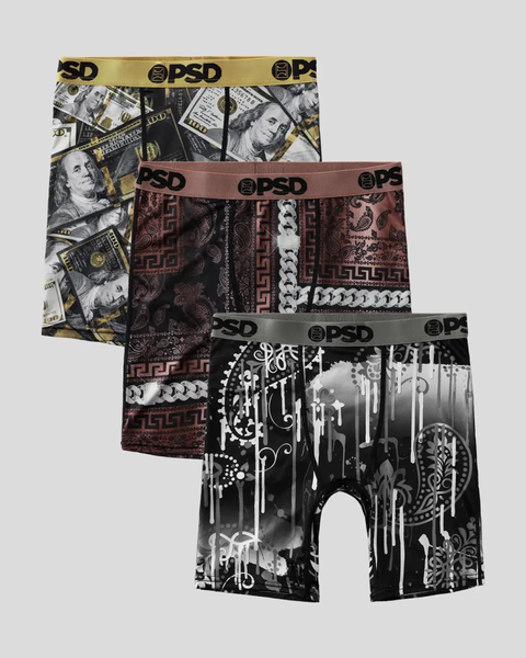 Three men's boxer briefs with PSD waistbands in money print, burgundy geometric pattern, and black ornamental design.