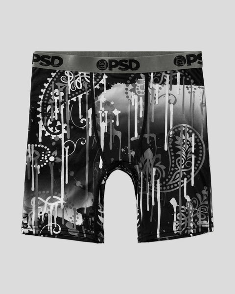 Black and white patterned boxer briefs with PSD waistband and ornate graphic design throughout.
