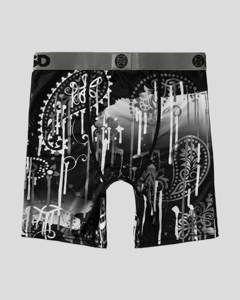 Black boxer briefs with white ornamental and drip design pattern, gray waistband with brand logo.