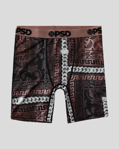 Three-pack of men's boxer briefs with patterned design featuring geometric and paisley prints in burgundy and black with whit