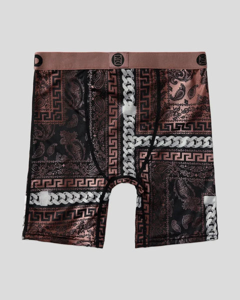 Boxer briefs with brown waistband and black fabric featuring burgundy geometric and paisley patterns with white chain-link tr