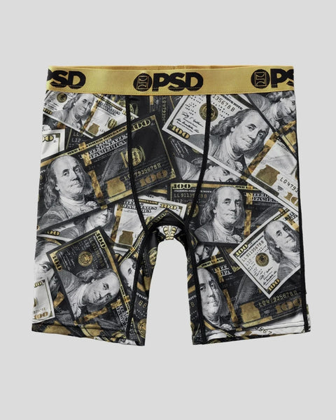 Boxer briefs with gold waistband featuring black and white $100 bill pattern print throughout.