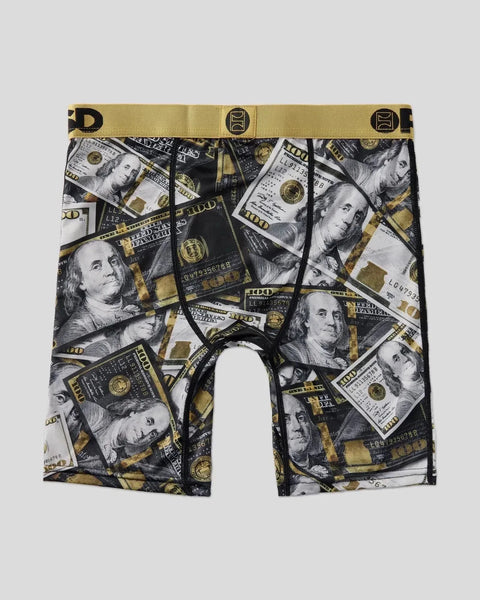 Boxer briefs with gold and black waistband, featuring $100 bill and portrait print throughout.