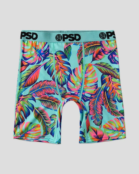 PSD boxer briefs with turquoise waistband and multicolored tropical leaf pattern throughout.