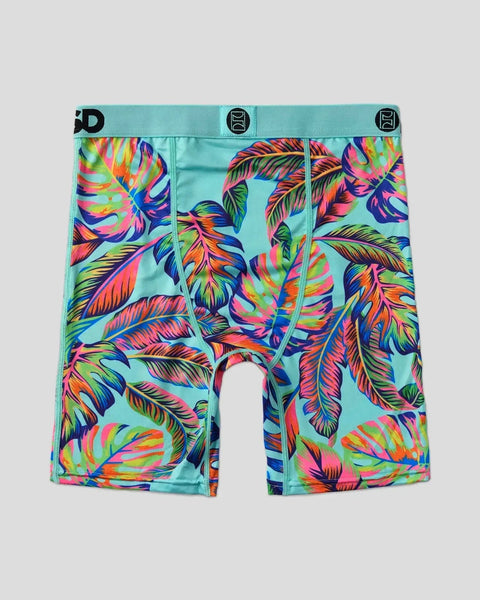 Turquoise boxer briefs with colorful tropical leaf print in pink, yellow, blue, and green.