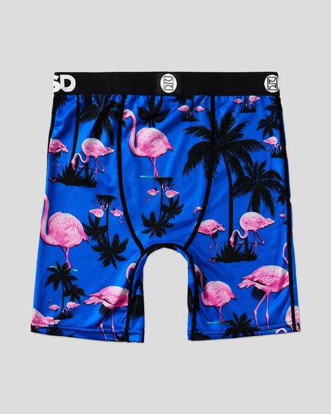 Blue boxer briefs with pink flamingos and black palm tree pattern, black waistband with white buckle details.