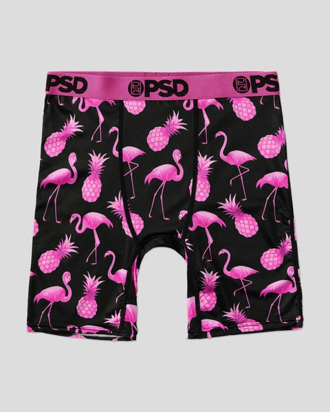 Black boxer shorts with pink flamingos and pineapples pattern, pink PSD waistband.