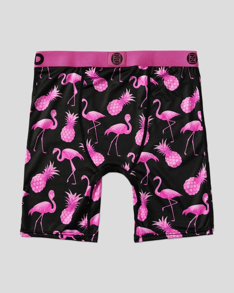 Black boxer briefs with pink flamingo and pineapple print, pink waistband with logo.