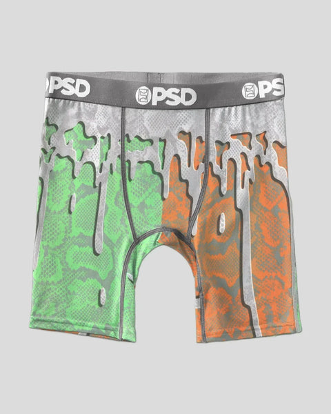 Mismatched boxer briefs with bright green left side and orange right side, dripping paint design, gray waistband with PSD log