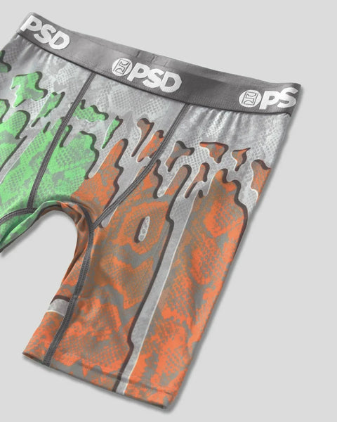 PSD boxer briefs with mismatched neon green and orange flame patterns and gray waistband.