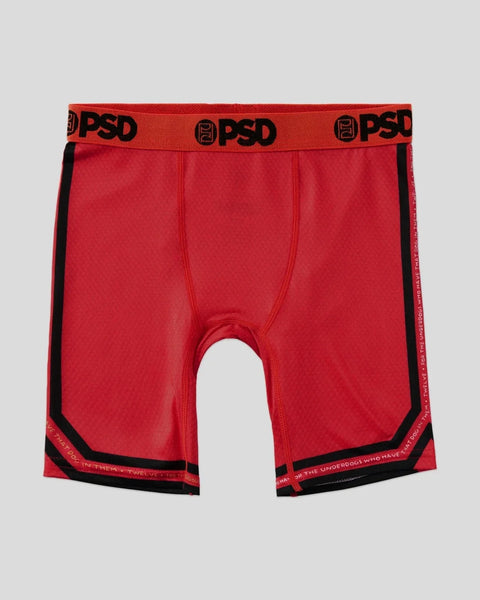 Red PSD boxer briefs with black trim and repeated logo waistband.