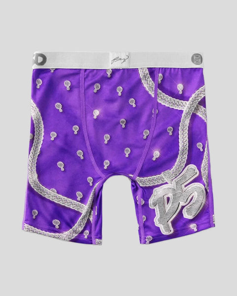 Purple boxer briefs with silver dollar sign pattern and metallic trim details.
