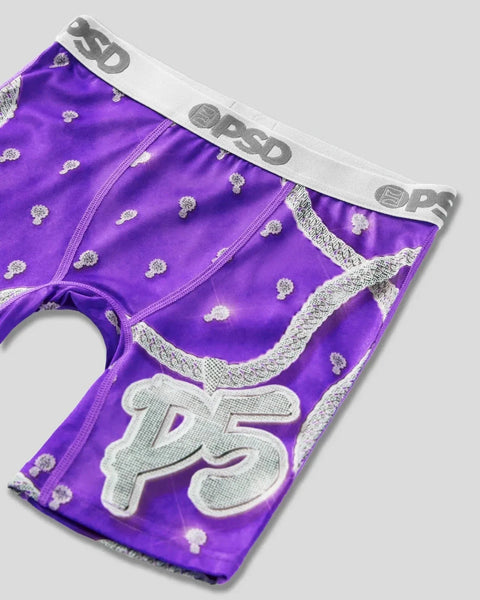 Purple athletic briefs with white waistband, silver logo pattern, and number 5 appliqué on front.