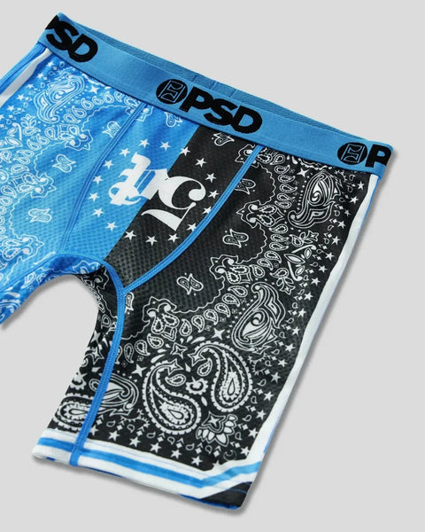 Blue and black bandanas with paisley patterns, stars, P5 branding, and blue elastic waistband trim.