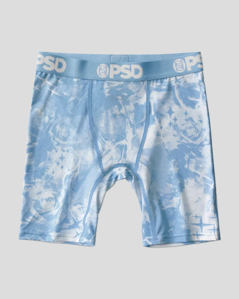 Blue tie-dye boxer briefs with PSD waistband and rose pattern print.