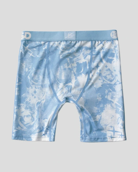 Blue and white tie-dye boxer briefs with rose floral pattern and branded waistband.