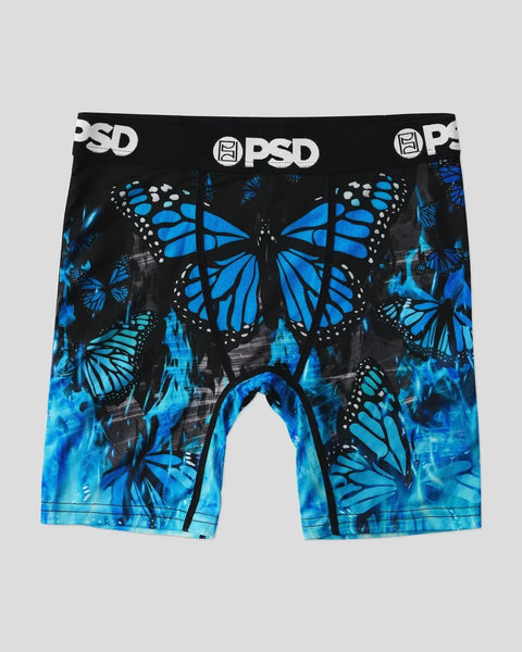 Black and blue butterfly print boxer briefs with PSD waistband and white dotted wing details.