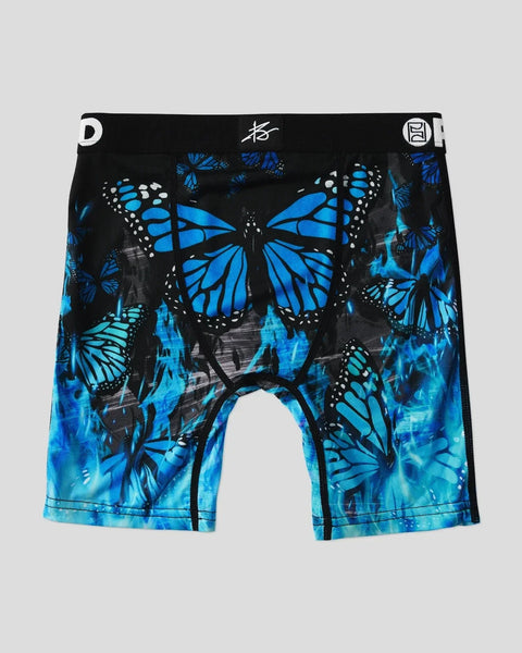 Black boxer briefs with blue and cyan butterfly print, featuring elastic waistband with brand logo.
