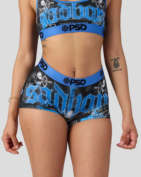PSD sports bra and shorts set in black and blue with graphic angel design and branded waistband.