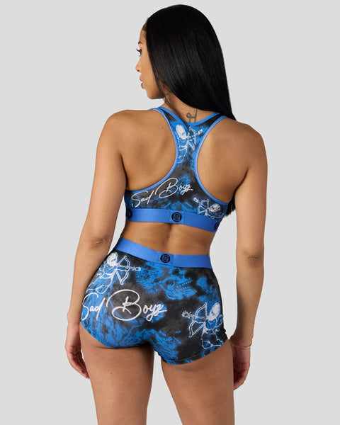 Blue and black two-piece athletic set with 