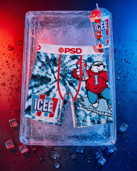ICEE bear-themed boxer shorts with snowflake pattern displayed in clear packaging alongside an ICEE cup with straw against re