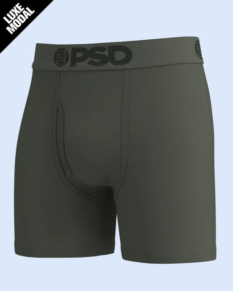 Forest green modal boxer shorts with PSD waistband and center seam detail.