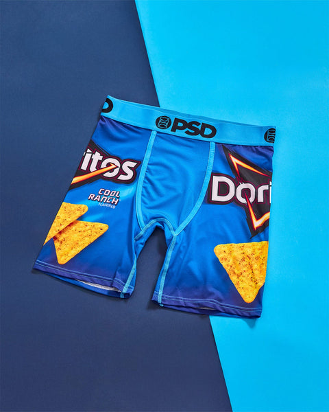 Blue PSD boxer briefs with Doritos and Cheetos chip bag graphics printed on front and sides.