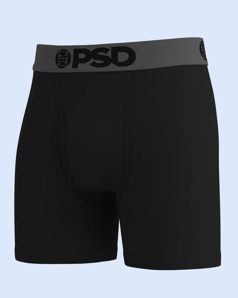 Black boxer brief with grey PSD waistband and logo on light blue background.