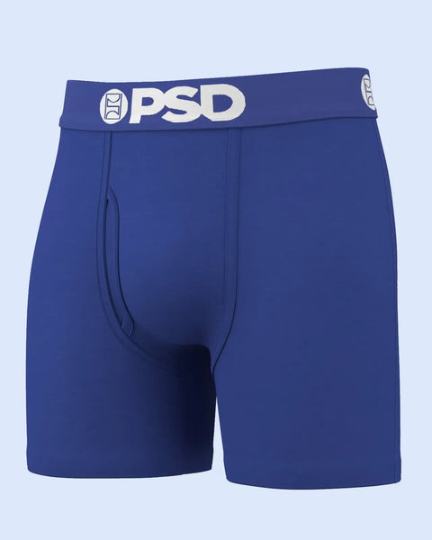 Blue modal boxer briefs with PSD waistband logo and center fly seam detail.