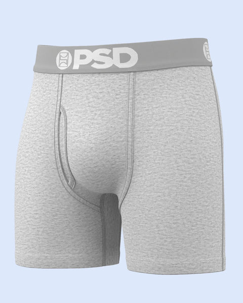 Light gray boxer briefs with gray PSD waistband featuring white logo and stitching detail.