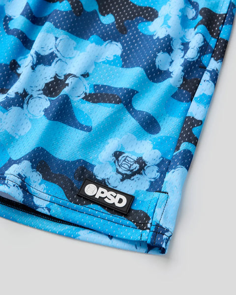 Blue and black cloud-patterned athletic short with OSD brand label on waistband.
