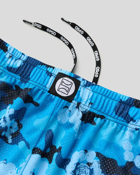 Blue and black cloud-patterned active short with branded waistband and black drawstring straps.
