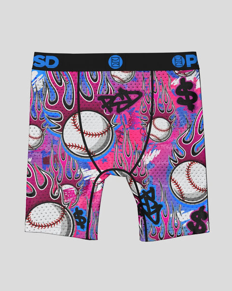 Boxer shorts with black waistband featuring colorful baseball, flame, and dollar sign print on magenta, blue, and purple back