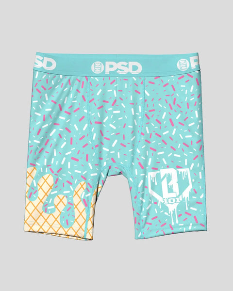 Turquoise boxer briefs with ice cream cone and sprinkle print, PSD waistband, and baseball-themed graphics.