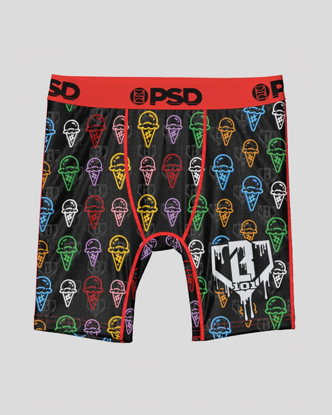 Black boxer briefs with colorful neon ice cream cone pattern, red waistband with PSD logo, and white graphic on leg.