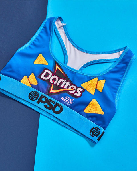 Blue sports bra with Doritos Cool Ranch branding and yellow tortilla chip graphics printed on front.