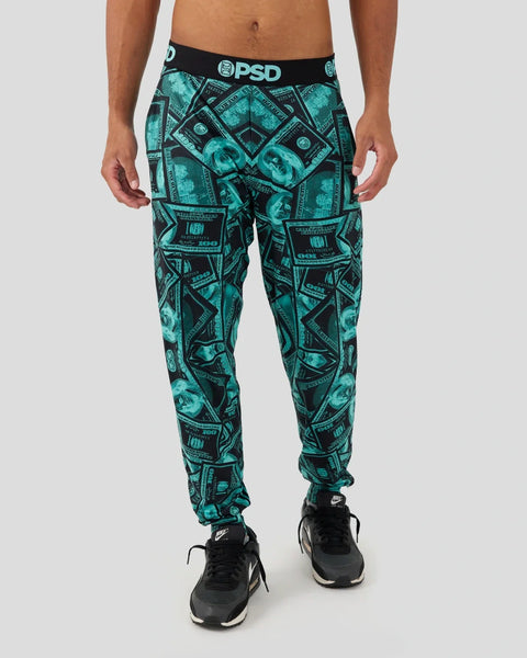 Men's lounge pants in turquoise and black with currency print pattern and PSD waistband.