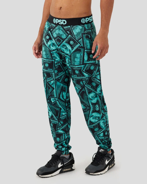 Men's lounge pants with turquoise and black currency print, black elastic waistband with PSD branding.