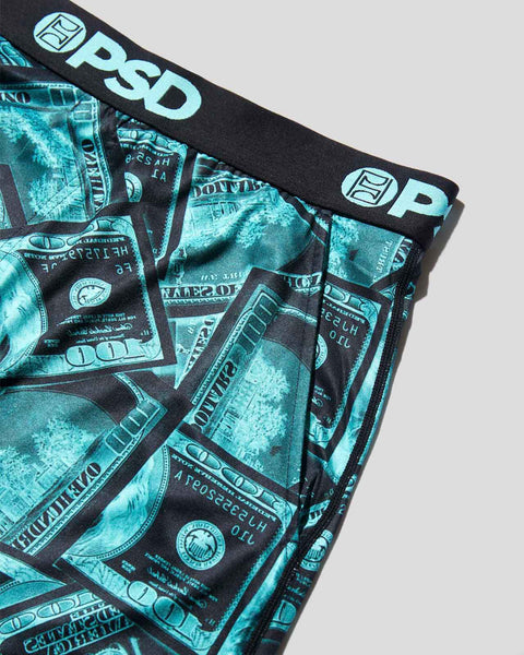 Lounge pant with turquoise and black dollar bill print and black branded waistband.