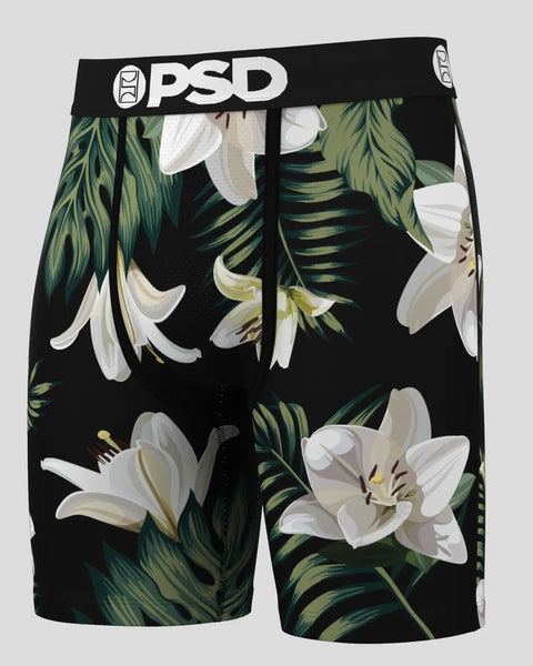 Three-pack OPSD underwear with black background and white lily flowers with green foliage print.