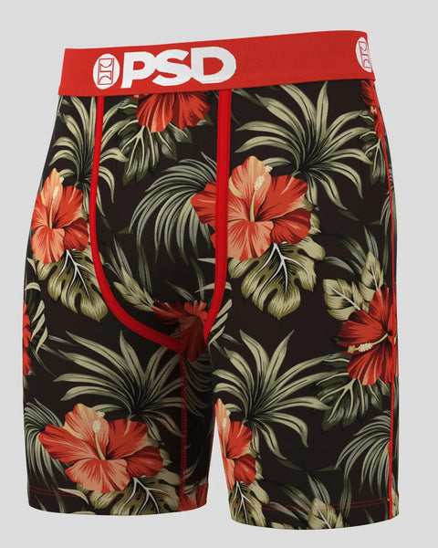 Three PSD brand boxer briefs with tropical hibiscus flower and palm leaf print on black background with red waistband.