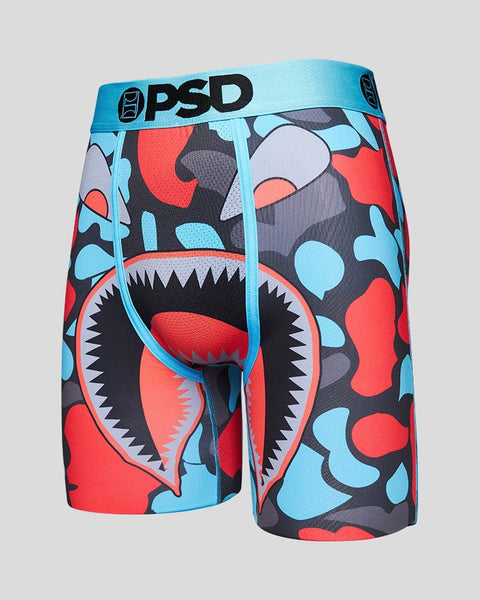 PSD boxer briefs with red, blue, and black camouflage warface graphic print and blue waistband.