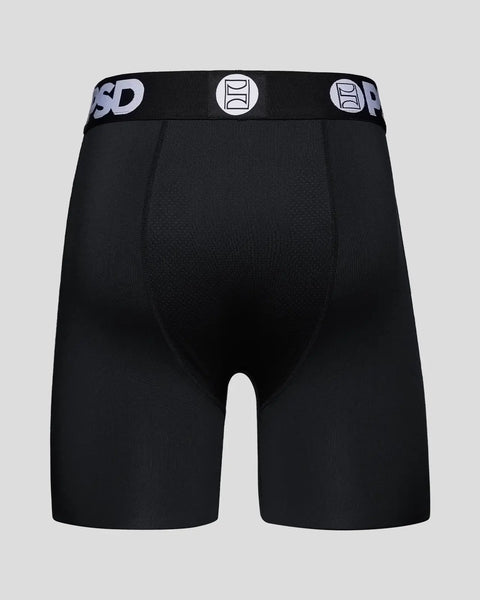 Black boxer briefs with branded waistband and logo detail on front.
