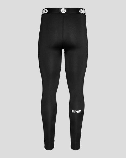 Black fitted leggings with branded waistband and leg logo.