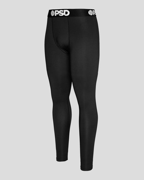 Black fitted leggings with PSD branded elastic waistband.