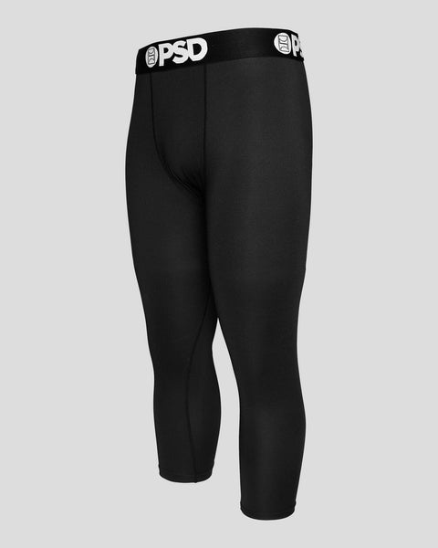 Black 3/4 length tight leggings with PSD branded waistband.
