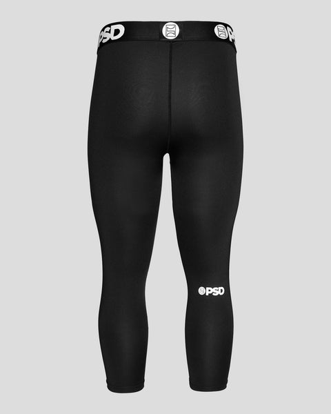 Black 3/4 length athletic tights with branded waistband and logo details on the legs.