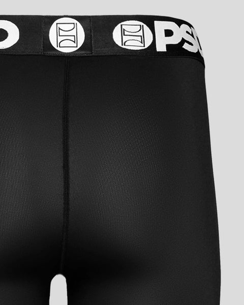 Black Pro Tight 9 compression shorts with branded waistband featuring white logo and icon details.